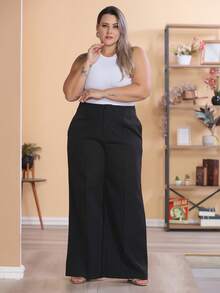 Plus Size Wide Leg Pants, New Fashion Tailored Fabric - Black - View 2