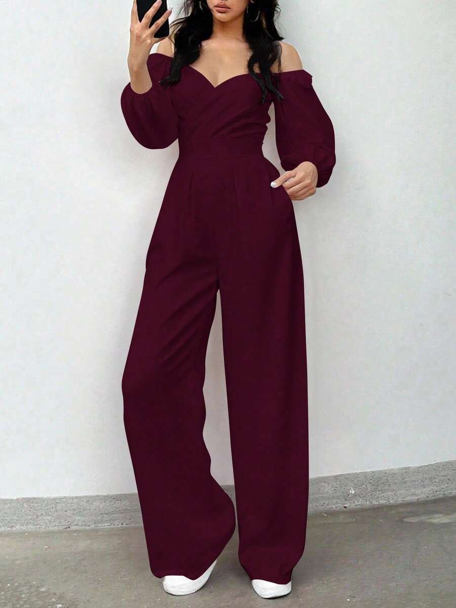 Mujer mono sexy elegante cruzado fit holgado escote V hombros descubiertos manga larga primavera verano eventos pantalón largo - Rojo Violeta - Ver 1