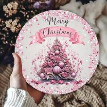 1pc Festive Pink Christmas Tree Wreath Sign - 7.87" Round Aluminum Door Decor With "Merry Christmas" Banner, Ornament Accents & Glitter Details For Holiday Home Entrance Display, Festive Wall Sign|Decorative Christmas Sign|Floral Accents Design, Christmas Tree Decorations Home Decor Christmas Decorations Room Decor