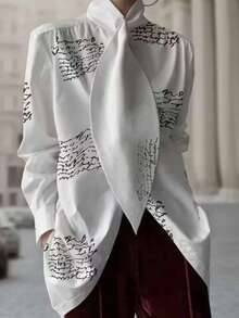 Áo sơ mi dài tay thanh lịch cỡ lớn dành cho nữ, cổ áo trang trí, thắt nơ - Màu trắng trơn, mùa xuân - trắng - Xem 2