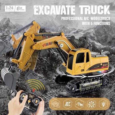 1:24 遥控挖掘机，配备 27MHz 遥控器、灯光和逼真铲斗 - 儿童互动工程车玩具