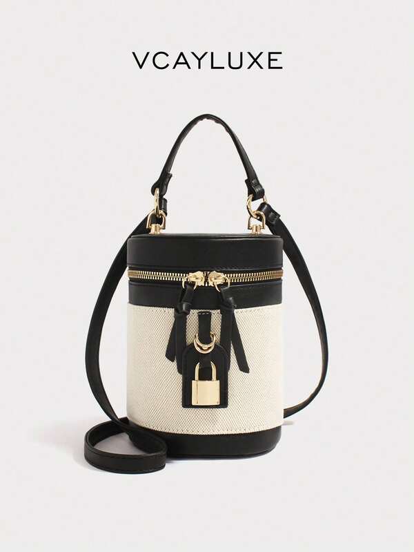 Bolso de mano elegante y cilíndrico para mujer, bolso cruzado clásico y versátil con decoración de cierre de metal, cierre con cremallera, correa para el hombro desmontable, bolso de hombro compacto y de moda adecuado para ir al trabajo, salidas diarias y viajes