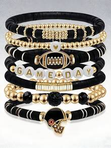 7Pcs/Set Game Day Stackable Sports Rugby Charm Bracelet Jewelry For Women Men - Perfect For Football Fans - Green - View 9