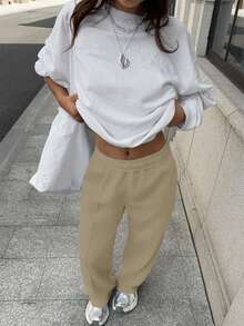 Sulojter Casual Loose Solid Color Elastic Waist Sweatpants - Apricot - View 4