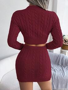 Women Solid Knit Set Round Neck Crop Top Bodycon Skirt Long Sleeve Fall Winter Coordinates - Bourgogne - Visa 2
