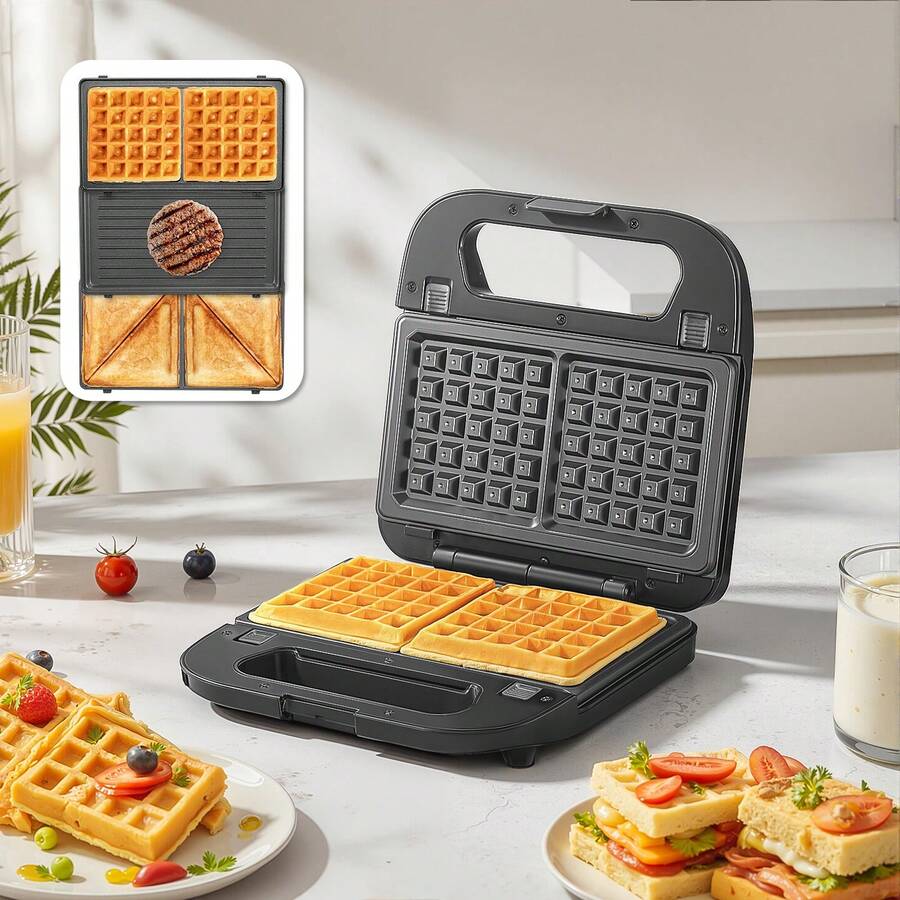 Yabano 3-In-1 Waffle Maker, Grill & Panini Press - Removable Nonstick Plates For Grilled Cheese, Burgers, Steaks, And Waffles, Black (Plastic Handle) - US A Type Plug(110-127V) - View 1