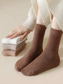 5 Pairs Women's Thick, Versatile, Casual, Warm Wool Blend Mid-Calf Socks For Autumn/Winter