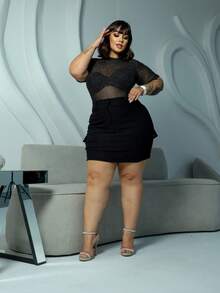 Plus Size Women's Clubwear Set Bodysuit Tulle Shine Transparency Short Sleeve Model Cargo Skirt Elastane Party Clubwear Look Plus Size 44 To 54 - 黑色 - 查看 3