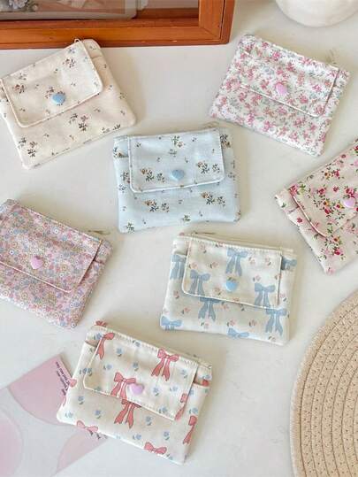 1Pc Versatile Double-Layer Floral Card Bag With A Large Capacity Coin Purse, Miscellaneous Items Bag, ID Card, Bank Card Storage Bag, Headphone Storage Bag, Essential For Shopping And Travel, Cute, Compact And Portable, Birthday Gift