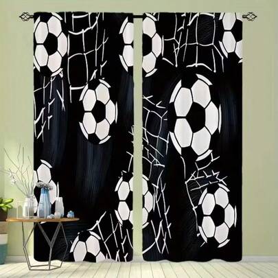 2 Stücke Schwarz-Weiß Klassisch Fußball Muster Vorhänge - Verdunkelung & Privatsphäre Wohndekoration - Geeignet für Wohnzimmer und Schlafzimmer