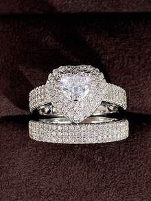 2 PC/Set Elegant Cubic Zirconia Ring For Women For Valentine's Day Gift Wedding Anniversary Party Jewelry