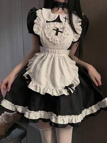 Cute Lolita Maid Costume With Ruffle Hem Flared Ball Gown And Puff Sleeves Round Neck Contrast Lace Design Perfect For Party