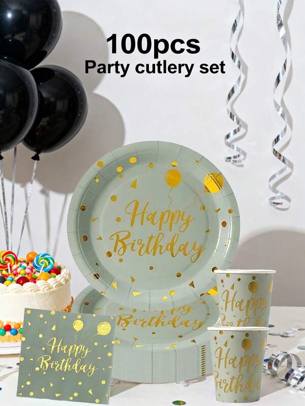 100 Stücke Einweg-Geschirr-Set mit goldfarbenem Folien-Thema und "Happy Birthday" Feier-Thema, inklusive Einweg-Pappteller, Kuchenteller, Partyteller und Geburtstagsteller.