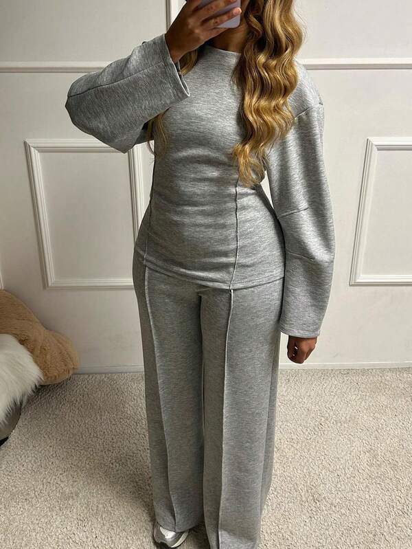 Vaiaye Thanksgiving Damen Zweiteiler, hellgrauer Rundhals-Langarmoberteil kombiniert mit taillenbetontener Midi-Jogginghose, elegantes Damenoutfit