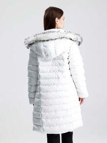 Women's Solid Color Casual Puffer Long Sleeve Coat, Made In Turkey, Fleece Lining With Faux Fur Trim - White - View 4