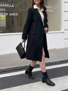 女士通勤翻领长袖双排扣夹克，秋季 - 黑色 - 查看 2