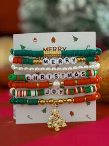 Juego de 6/7 piezas de pulsera de arcilla polimérica multicapa con elementos navideños coloridos y cuentas con letras, pulsera personalizada con colgante creativo de árbol de Navidad, muñeco de nieve y ciervo, pulsera elástica con diseño de Papá Noel y gorro/zapato de Papá Noel, adecuado para uso diario, citas, fiestas y regalos festivos para mujeres