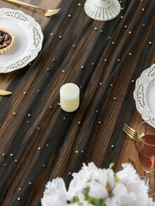 1pc Faux Pearl Decorated Sheer Fabric, Photography Backdrop, Can Be Used As Table Runner, Pearl Background Tablecloth, Wedding White Pearl Sheer Tablecloth, Wedding Arch Decor, Wedding Reception, Bridal Shower, Party Decoration