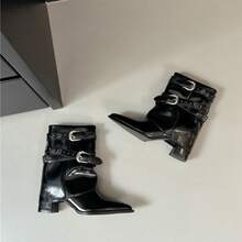 Bottines à talons hauts, talon épais, bout pointu, bottes courtes pour femmes, automne et hiver, nouvelles bottes à rivets avec boucle de ceinture et manches à la mode pour femmes - Noir - Voir 1