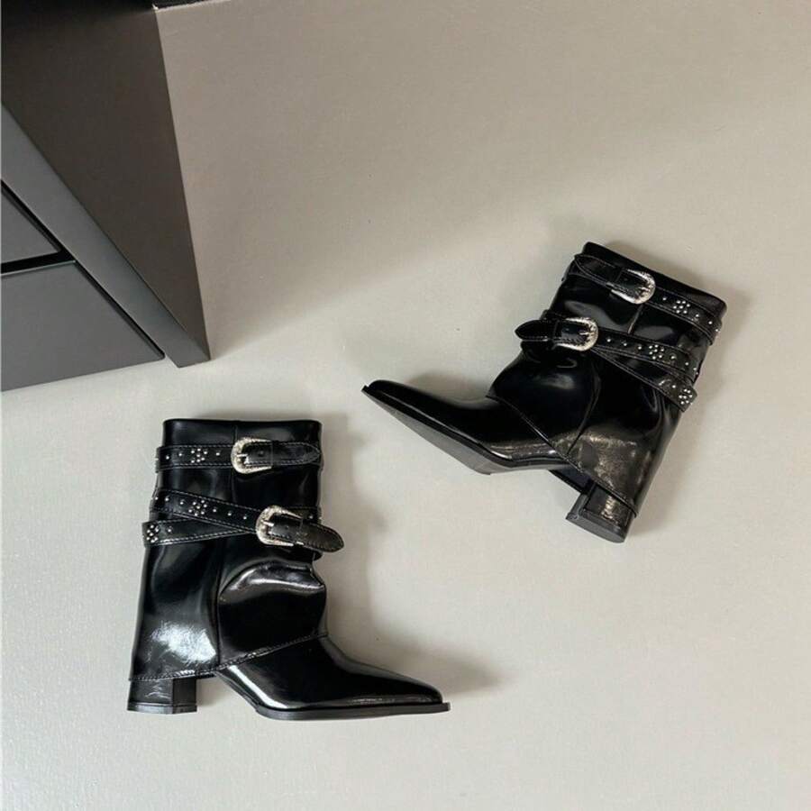 Bottines à talons hauts, talon épais, bout pointu, bottes courtes pour femmes, automne et hiver, nouvelles bottes à rivets avec boucle de ceinture et manches à la mode pour femmes - Noir - Voir 1