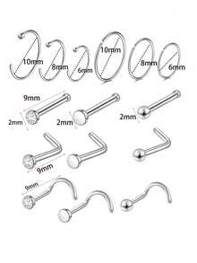 15 pezzi Anelli per il naso in oro 20g, set di piercing per il naso per donne e uomini, ipoallergenici in acciaio inossidabile per elice, cartilagine, daith, tragus, orecchini a cerchio, forma a L/a vite/diritti per piercing al corpo reale - Piercing al naso - Visualizzare 15