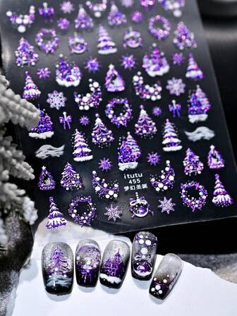 Drömlika nageldekorationer med julmotiv, nageldekorationer med glittersnöflingor och julgranar, gör-det-själv-vinterdekorationer
