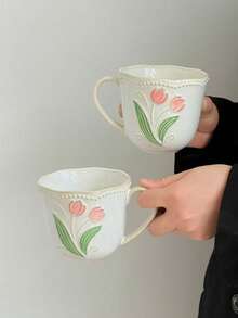 1 pieza Taza de café con diseño de tulipán en relieve y acabado de esmalte craquelado vintage, taza de cerámica de alta calidad para arte de latte, elegante taza para el té de la tarde, taza para desayuno y leche. Adecuada para restaurante, sala de estar, regalo de cumpleaños, regalo para ella, regalo para la mejor amiga
