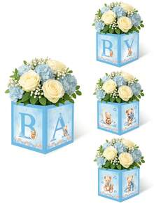 4 件蓝色小熊图案花朵婴儿洗礼中心装饰盒，带有“BABY”字母（不含花朵），可爱蓝色小熊主题图案性别揭秘派对新生儿派对装饰品，1 岁生日派对花盒中心装饰，带字母的乡村风格桌面展示，非常适合婴儿洗礼，性别揭秘派对小礼品，桌面中心装饰，迎婴派对礼物 - 藍色小熊 - 查看 7
