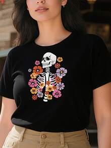 220g pure cotton women's casual T shirts thick and comfortable T shirt with colorful flower decorated skull retro pattern - Negro - Ver 1