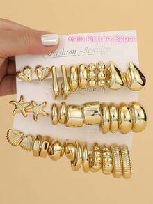 2pcs-32pcs Fashion Starfish, Shell,Pentagram Golden Earrings Set, Suitable For Travel And Holiday Wear