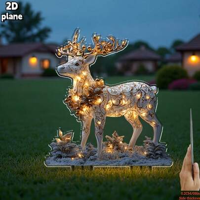 2D Flat, 1 peça de jardim de Natal iluminado com renas - decoração elegante para áreas externas com chifres, quintal de férias autoiluminado sem necessidade de energia, decoração de cerca de pátio - presente de Natal perfeito para família, mãe e amigos