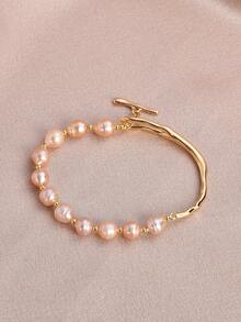 1 Pc 18K Gold Plated Natural Pearl Casual Bracelet For Women, Suitable For Daily Wear, Mother's Day, Valentine's Day, Wedding, Birthday Gift - Pink - View 6