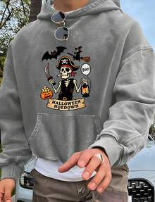 Halloween Hoedown Pirate Skull, Witch, Bat & Pumpkin Print"Nightmare Before Christmas, Horror. American Retro Print Pattern 1Pcs 500g Pure Heavy 100% Cotton Cordless Sweatshirt, Letter Spring/Fall Winter All Loose Washed Popover Pocket, Christmas Halloween Thanksgiving Day  New Year, Y2K Street  Hip-Hop Campus Fashion Style, Suitable For Parties And Play - 灰色 - 查看 1