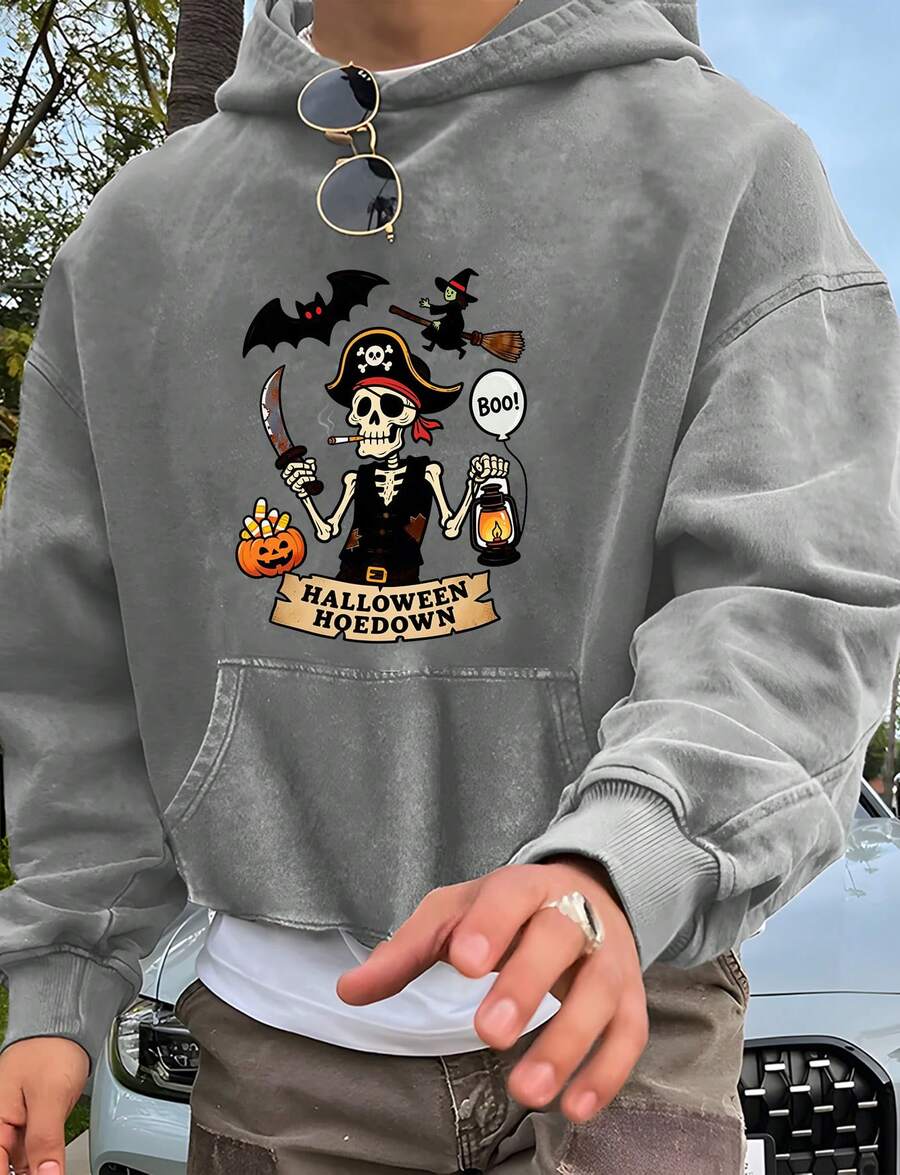 Halloween Hoedown Pirate Skull, Witch, Bat & Pumpkin Print"Nightmare Before Christmas, Horror. American Retro Print Pattern 1Pcs 500g Pure Heavy 100% Cotton Cordless Sweatshirt, Letter Spring/Fall Winter All Loose Washed Popover Pocket, Christmas Halloween Thanksgiving Day New Year, Y2K Street Hip-Hop Campus Fashion Style, Suitable For Parties And Play - 灰色 - 查看 1