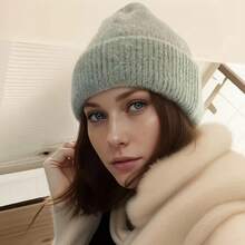 1 Pc Winter Hat Solid Color Cute Curly Beanie Winter Outdoor Soft Warm Ski Hat For Women Fashion Cuffed Plain Skull Knit Hat Unisex Casual Plush Cap