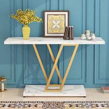 Console Table, Industrial Hallway Table For Entryway, 42 Inch Entryway Tables Narrow Sofa Table For Living Room, Stable Metal Frame & Easy Assemble,Gold/White Color - Vàng - Xem 1