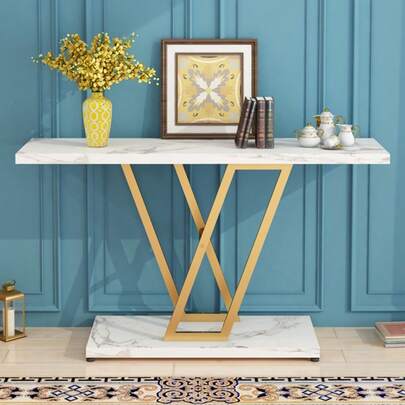 Console Table, Industrial Hallway Table For Entryway, 42 Inch Entryway Tables Narrow Sofa Table For Living Room, Stable Metal Frame & Easy Assemble,Gold/White Color