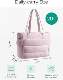 Tote Bag For Women, Lightweight Puffy Tote Bag With Compartments Quilted Shoulder Bag Handbag For Travel, Work, Gym - Pink - View 3
