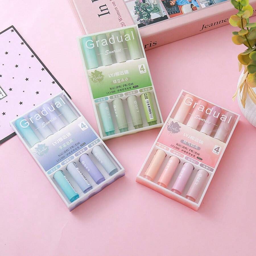 4pcs/Box Gradient Fluorescent Highlighter Pens, High-Quality Colorful Marker Pens For Students, Meetings, Oversized Fluorescent Ink, School Supplies, Student Gifts