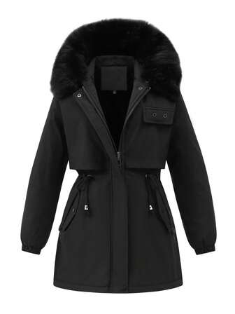 Women's Thicken Thermal Lined Parka Winter Coat Hooded Waist Drawstring Jacket With 2 Pockets