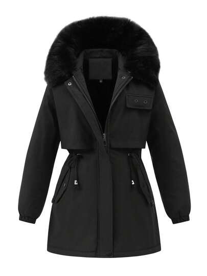 Casaco de Inverno com Capuz e Cordão na Cintura, Forro de Lã Grossa, com 2 Bolsos, para Mulheres