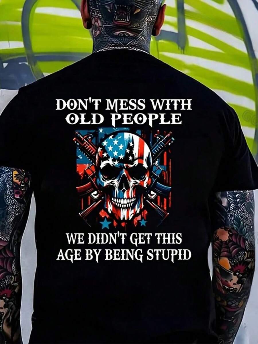 Cotton Men's T-Shirts, "Don't Mess With The Old People" T-Shirts, Skull Graphic T-Shirts, Funny Sarcastic Lettering T-Shirts, Streetwear, Men's Clothing, Casual Everyday Wear, Gothic Millennial Style Men's Tops - 黑色 - 查看 1