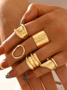 Set de 14 anillos de lujo y estilo exagerado y sexy para mujeres, joyería de moda para uso diario, fiesta, boda, regalos para novias y amigas - Amarillo Oro - Ver 8