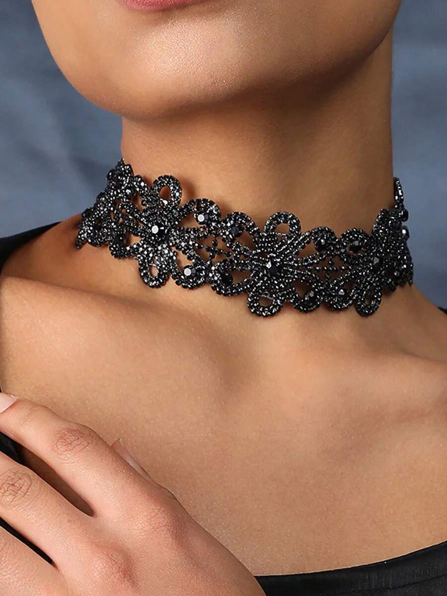 1pc Black Fashion Crystal Rhinestone Choker Necklace, Layered Necklace For Women - Black - View 1