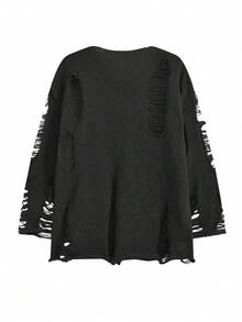 小众不对称肩部休闲宽松针织衫套装，女士秋季做旧镂空长袖上衣，黑色，春季款 - 黑色 - 查看 6