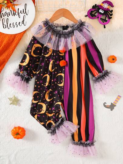 1pc Infant/Toddler Girls' Casual Fashion Colorful Striped Patchwork Star Moon Print Romper, Purple Mesh Ruffle Trim, Orange Pom Pom Decor, Half-Zip Front, Princess Daily Outfits, Halloween New Arrival 2025