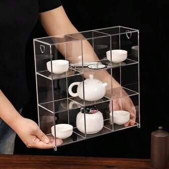 1pc Acrylic Tea Set Storage Box, High-End Large Capacity Transparent Acrylic Tabletop Tea Pot, Cup Display Rack & Organizer