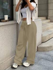 Sulojter Casual Loose Solid Color Elastic Waist Sweatpants - Apricot - View 8