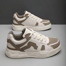 WANWEISI Chaussures de marche décontractées pour hommes - Chaussures de skate style mode de rue pour hommes avec couleurs contrastées, confortables et antidérapantes. Chaussures de sport décontractées légères et respirantes avec tige en PU, semelle intérieure rembourrée en EVA, design à lacets basse. Convient pour les activités professionnelles, les déplacements et les activités extérieures, chaussures de sport polyvalentes pour toutes les saisons, style classique à lacets, semelle intérieure épaisse et confortable - Beige - Voir 2