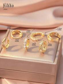 Hihho 3 Pairs Fashionable Copper Hollow Geometric Round Hoop Earrings With Vintage Floral Design And Sparkling Zirconia Stud Earrings, Decorative Women Earrings Gift For Festivals - 金黃色 - 查看 2